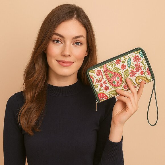 Hand Crafted Paisley Print Nylon Fabric Women Wristlet Wallets & Card Holder - Picture 2 of 8
